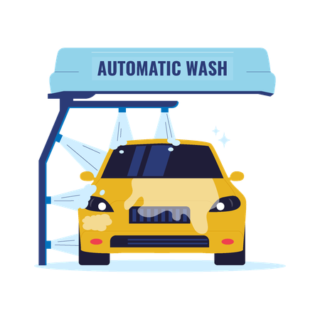 Automatic Car Wash System with Yellow Vehicle  Illustration