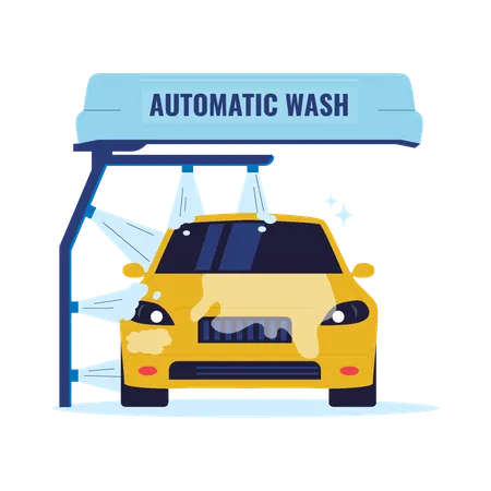 Automatic Car Wash System with Yellow Vehicle  Illustration