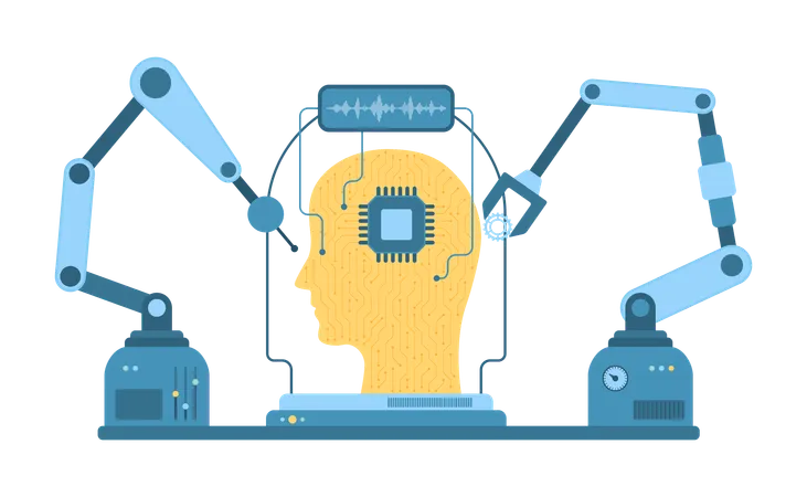 Automation In Industry Smart Manufacturing Vector Illustration Cartoon Isolated Robot Arms Build Abstract Head With Gears And Circuit Machine Learning And Digital Solutions Of Automatic Machinery Illustration