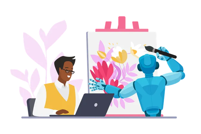 Creation Of Visual Content With AI Automation Of Digital Art Author Sitting At Laptop Using Artificial Intelligence Robot Painting Picture With Brush And Paints Cartoon Vector Illustration Illustration