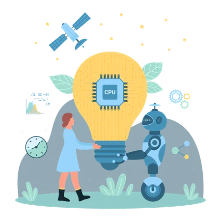 Cartoon Tiny Person And Robot Holding Big Bright Light Bulb With CPU Processor Inside Together Innovation Technology And Invention Automation Of Idea Creation AI Support Dark Vector Illustration Illustration