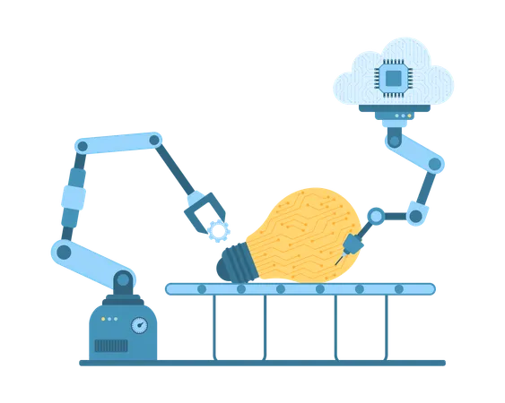 Automation Of Production And Development Of Ideas And New Digital Projects Vector Illustration Cartoon Isolated Automatic Robot Arm And Machine With AI And Manipulator Work On Light Bulb On Conveyor Illustration