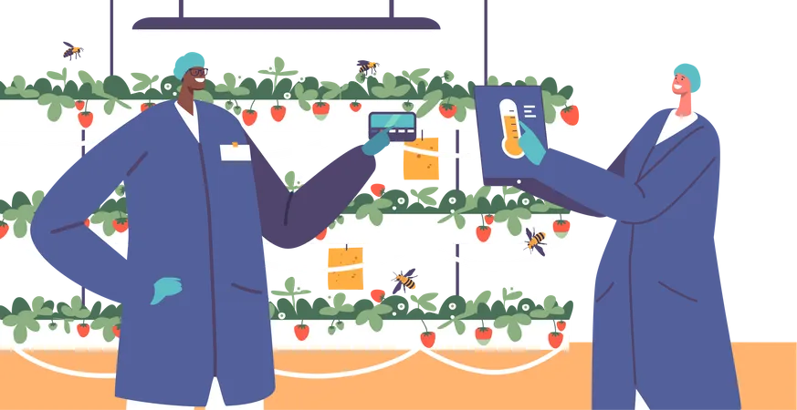 Automation Of Strawberry Production In The Indoors Vertical Garden Worker Characters Using Smart Technology And Ai To Perform Tasks Such As Planting Harvesting And Monitoring Increasing Efficiency Illustration