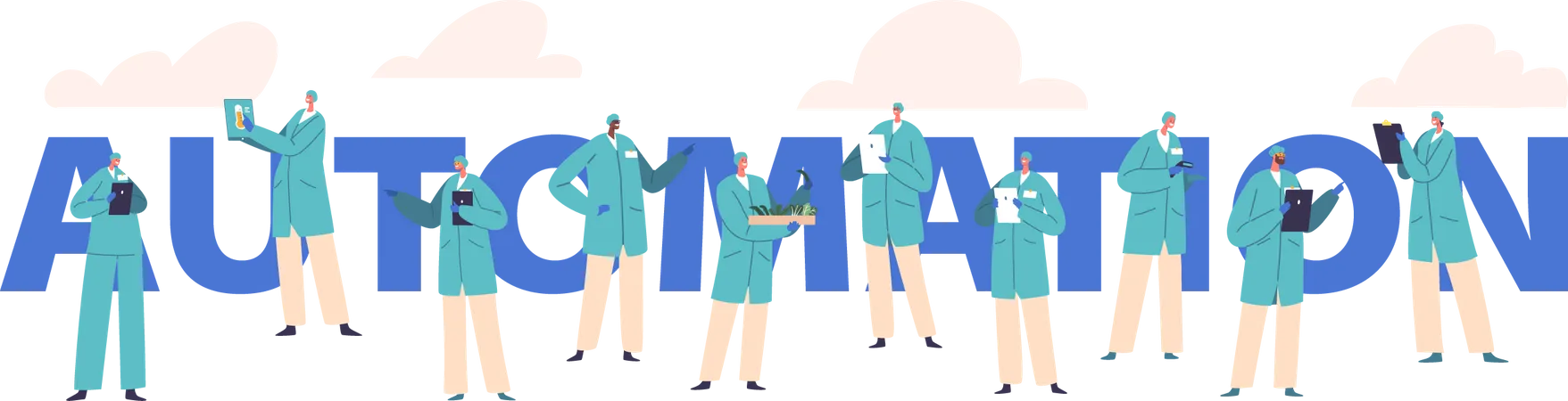 Automation Concept With Characters Holding Tablets Process Of Using Technology And Systems To Perform Tasks Without Human Intervention Enhancing Efficiency And Reducing Manual Effort Vector Banner Illustration