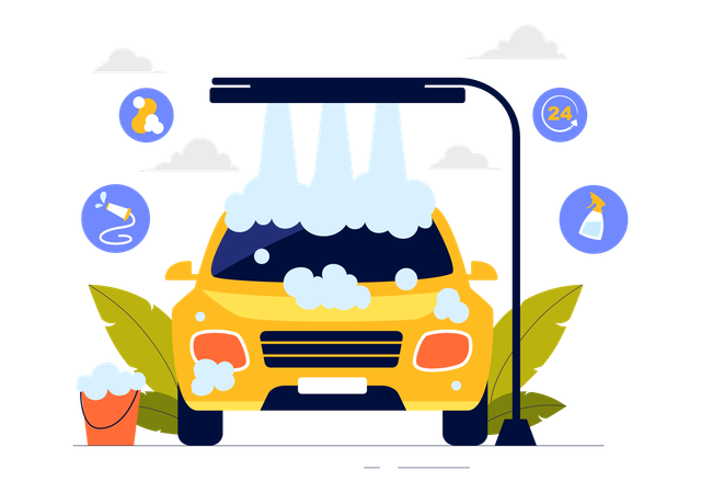 Automatische Autowaschanlage sprüht Schaum auf das Auto  Illustration