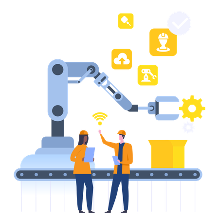 Automatisierte Montagelinie mit Verpackungsroboter  Illustration