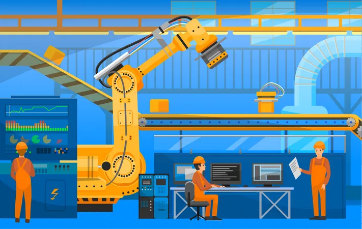 Automatisierte Roboter-Produktionslinie, Förderband. Das technische Team arbeitet mit Technologien in der Fabrik  Illustration