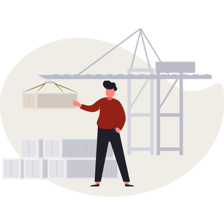 Automatisiertes Lager mit Arbeiter und Roboterarm  Illustration