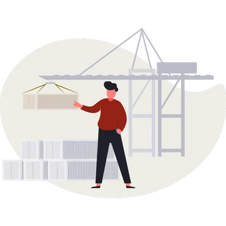 Automatisiertes Lager mit Arbeiter und Roboterarm  Illustration