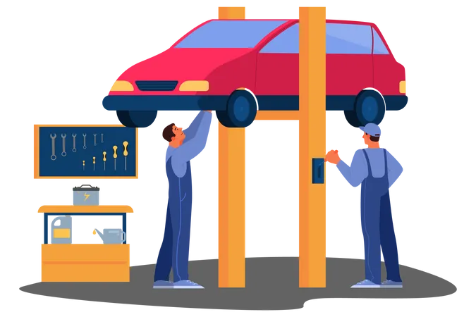 Vector Illustration Of Automobile Got Fixed In Car Service Mechanic In Uniform Check A Vehicle And Repair It Car Service Worker Check Accumulator Illustration