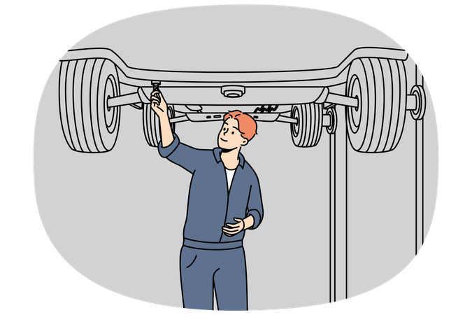 Automobile mechanic working under lifted car  Illustration