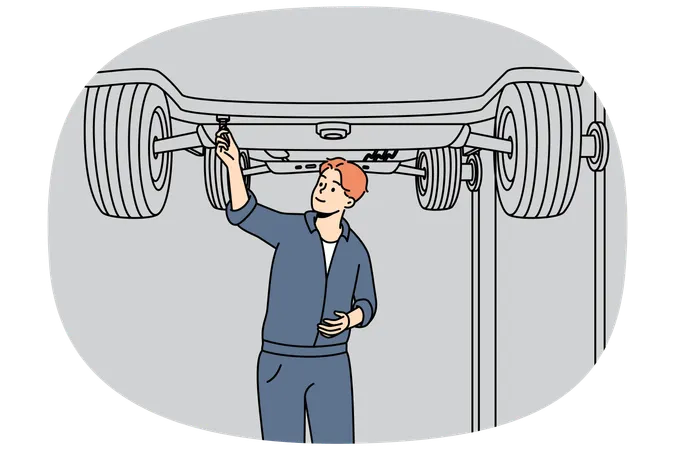 Automobile mechanic working under lifted car  Illustration