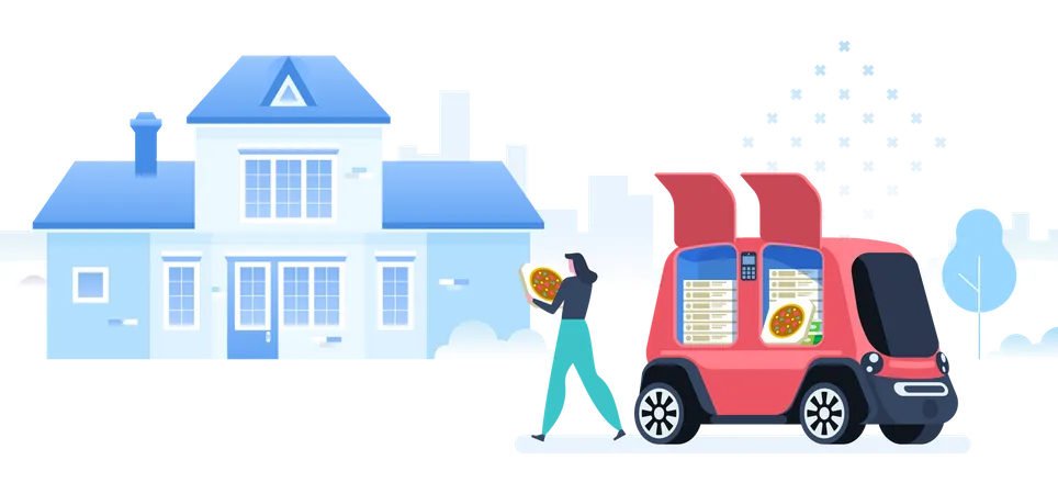 Self Driving Vehicle To Deliver Pizza Autonomous Ordering And Delivering Pizza Robotic Courier Vector Illustration Illustration