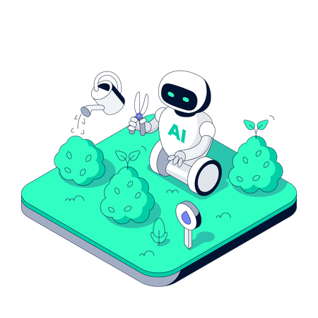 Autonomous Robot Gardener watering plants and trims Bushes  Illustration