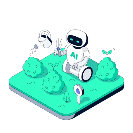 Autonomous Robot Gardener watering plants and trims Bushes  Illustration