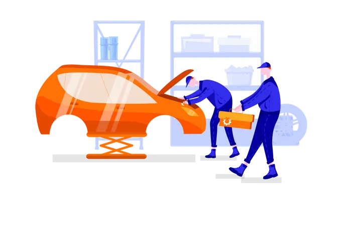 Autoreparatur in der Werkstatt durch Arbeiter  Illustration