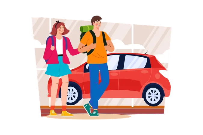 Autovermietung, die Touristen Fahrzeuge für die Urlaubserkundung zur Verfügung stellt  Illustration