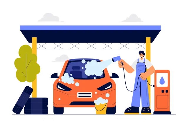 Autowaschanlage Arbeiter sprühen Schaum auf das Auto  Illustration