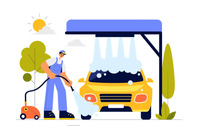 Autowaschanlage Arbeiter sprühen Schaum auf das Auto  Illustration