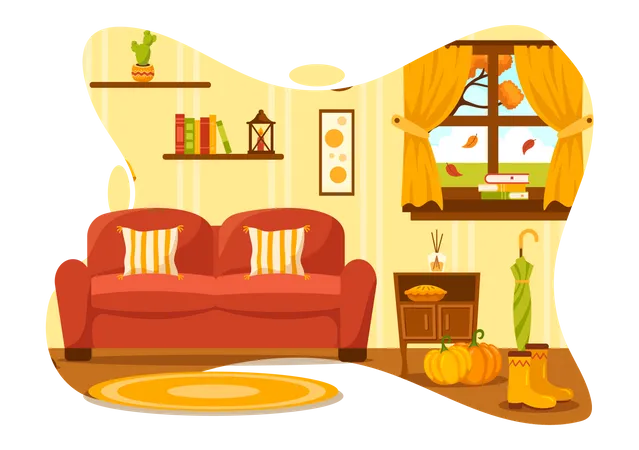 Autumn Cozy Home Decor Vector Illustration With Living Room Interior Furniture Background Elements In Flat Cartoon Hand Drawn Templates Illustration