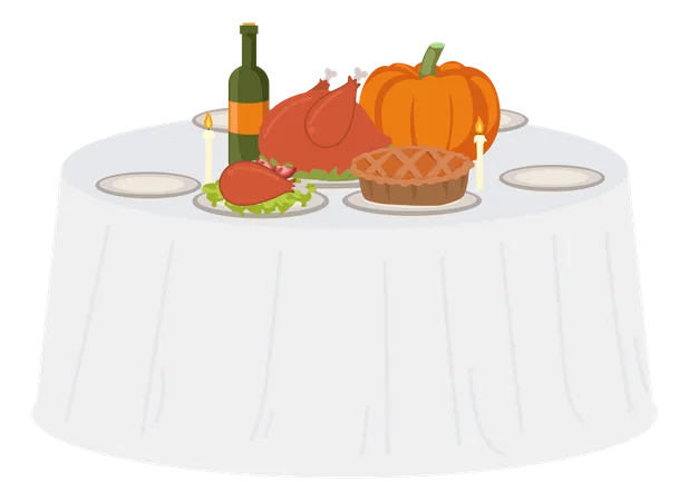 Thanksgiving Feast Table Decorated With Delicious Food Autumn Harvest Thanksgiving Table Illustration