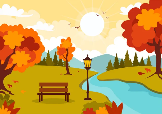 Autumn Landscape Background Vector Illustration With Mountains Fields Trees And Fall Leaves In Flat Cartoon Natural Season Panorama Templates Illustration