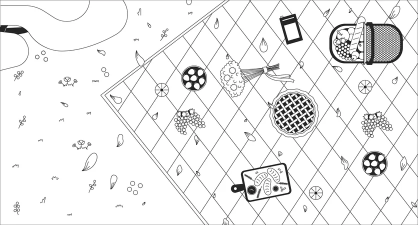 Autumn Picnic Blanket Countryside Black And White Lofi Wallpaper Harvest Fruits Desserts 2 D Outline Overhead Top View Cartoon Flat Illustration Flowers Petals Vector Line Lo Fi Aesthetic Background Illustration