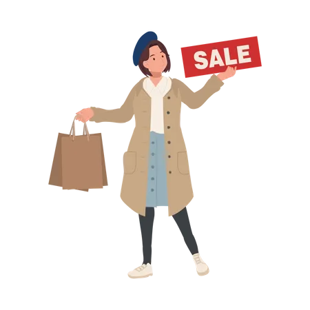 Seasonal Shopping Spree Autumn Sale Full Length Stylish Woman Holding Sale Sign With Shopping Bags Happy Shopper With Autumn Discounts 일러스트레이션