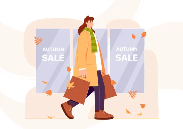 Autumn Sales Banner Design Template Vector Illustration Cartoon Girl Walking To Buy Gifts And Presents With Discount Offer In Shop Person Holding Shopping Bags Store Advertising In Holiday Season Illustration