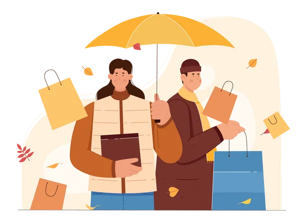Autumn Sales In Shop Vector Illustration Cartoon Happy Customers In Warm Clothes Showing Thumbs Up Holding Shopping Bags For Buying Gifts With Discounts For Holidays People On Fashion Store Sales Illustration