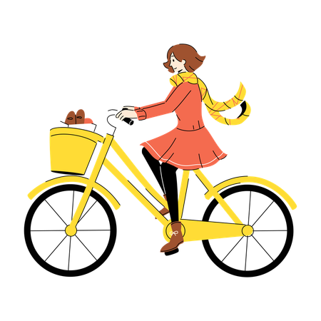 自転車に乗って買い物をする秋の女性  イラスト