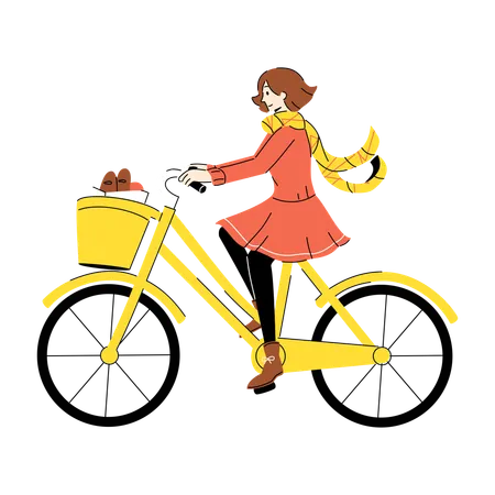 自転車に乗って買い物をする秋の女性  イラスト