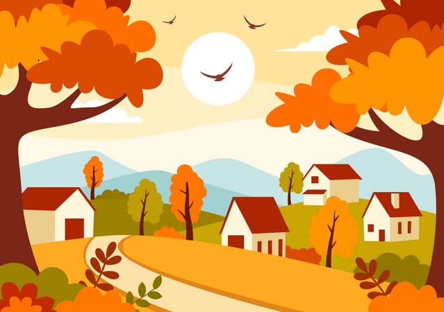 Autumn village with fall leaves  Illustration