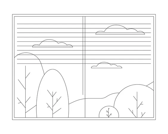 Autumn Window Flat Monochrome Isolated Vector Object September Trees October Scenery View Editable Black And White Line Art Drawing Simple Outline Spot Illustration For Web Graphic Design Illustration