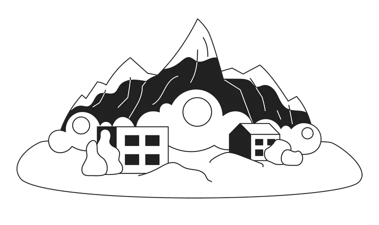 Avalanche Cover Town Monochrome Concept Vector Spot Illustration Snowslide Falling Snow 2 D Flat Bw Cartoon Scene For Web UI Design Natural Disaster Isolated Editable Hand Drawn Image イラスト