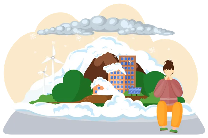 Save Planet With Sad Woman Sitting Near High City Building Covered With White Snow Air Pollution People Destroy Environment On Planet Climate Change On Planet Cold Period Avalanche Snowfall Illustration