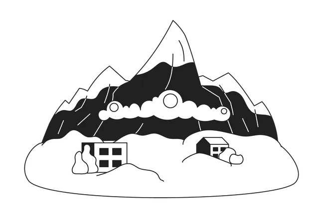 Avalanche Occurrence Monochrome Concept Vector Spot Illustration Snow Mass Falling Down From Slope Snowslide 2 D Flat Bw Cartoon Scene For Web UI Design Disaster Isolated Editable Hand Drawn Image イラスト