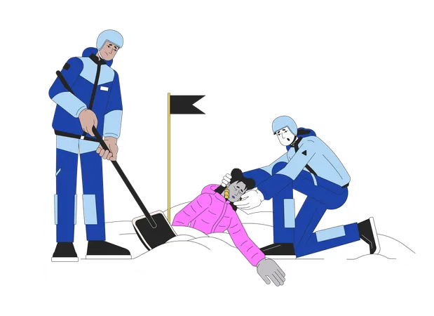 Avalanche Rescue Line Cartoon Flat Illustration Rescuers Snow Shoveling Out Victim Buried In Snow 2 D Lineart Characters Isolated On White Background Winter Natural Disaster Scene Vector Color Image Illustration