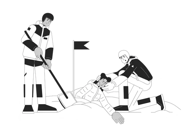 Avalanche Rescue Black And White Cartoon Flat Illustration Rescuers Snow Shoveling Out Victim Buried In Snow 2 D Lineart Characters Isolated Winter Natural Disaster Monochrome Vector Outline Image イラスト