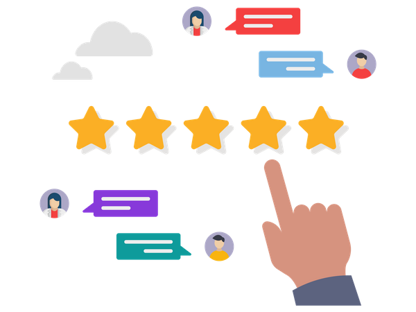 Avaliação do cliente exibida na classificação de cinco estrelas  Ilustração