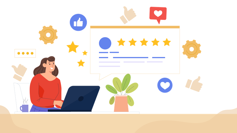 O funcionário avalia o feedback 5 estrelas do cliente sobre suas melhorias  Ilustração