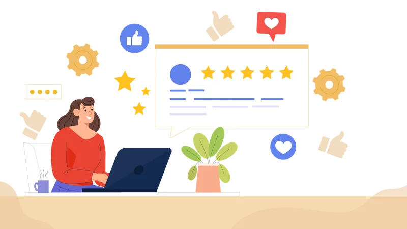 O funcionário avalia o feedback 5 estrelas do cliente sobre suas melhorias  Ilustração