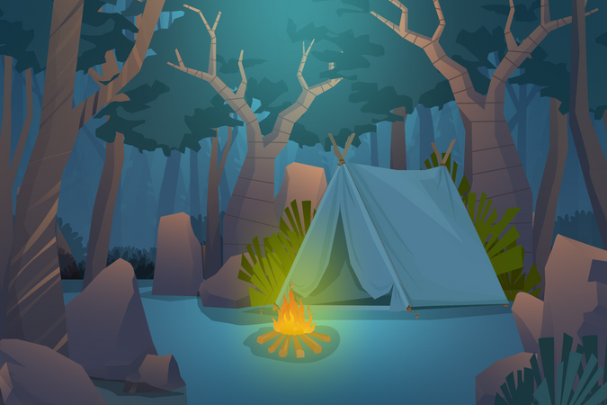 Escena nocturna de campamento de aventura  Ilustración