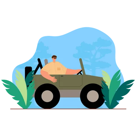 Aventurero montando en jeep en la selva  Ilustración