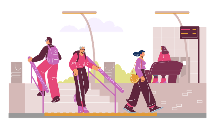 Un aveugle avec une canne monte les escaliers dans un lieu public  Illustration