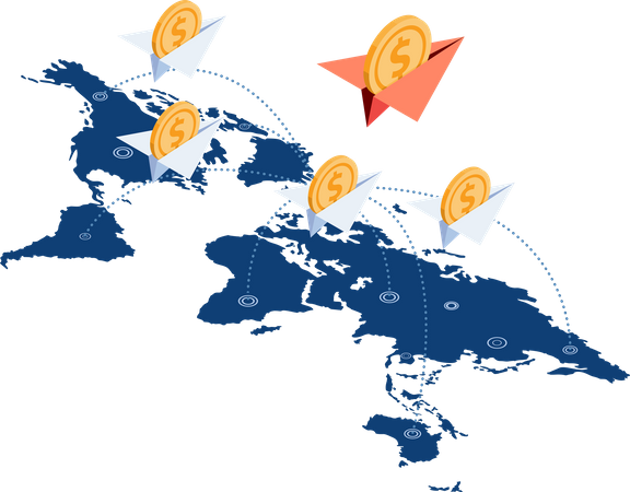 Avião de papel com moeda de dólar no mapa mundial  Ilustração