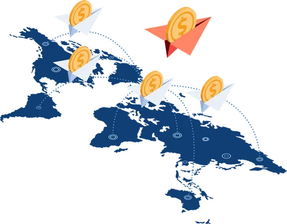 Avião de papel com moeda de dólar no mapa mundial  Ilustração