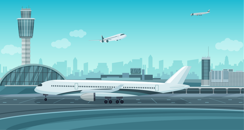 Avião esperando no aeroporto  Ilustração