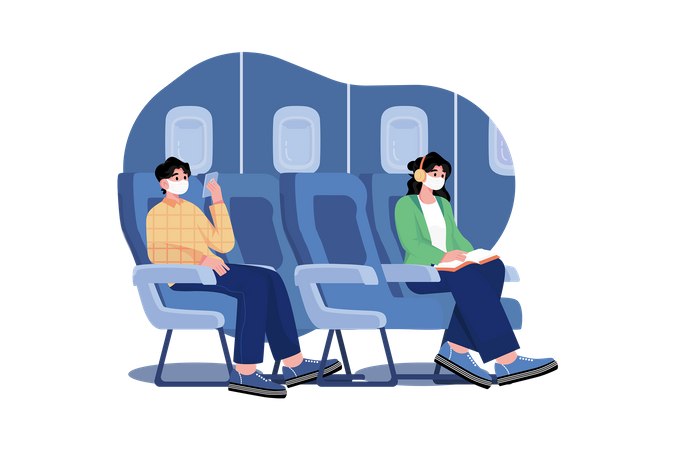 Distanciamiento social seguro en avión  Ilustración