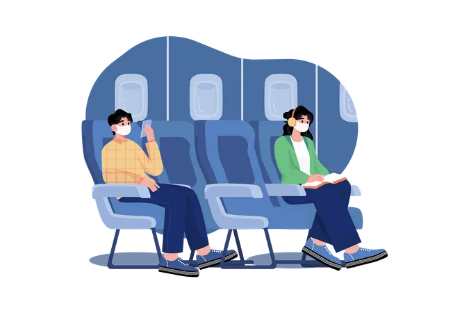 Distanciamiento social seguro en avión  Ilustración